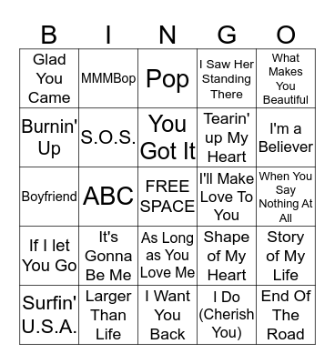 Boy Band Bingo Card