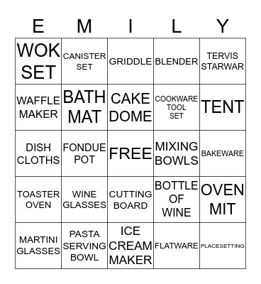 Emily's Wedding Shower Bingo Card