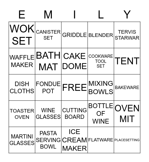Emily's Wedding Shower Bingo Card