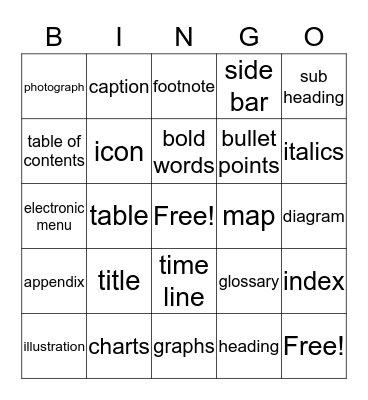 Text Features - Non-Fiction  Bingo Card
