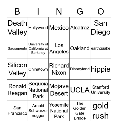 California  Bingo Card