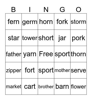 r controlled vowels Bingo Card