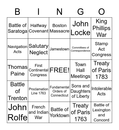 American Revolution  Bingo Card