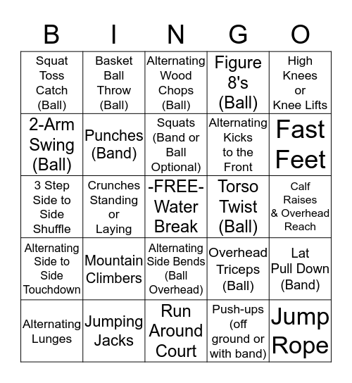 Band / Ball & Bodyweight Workout Bingo Card