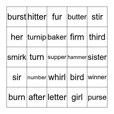 IR ER UR Bingo Card