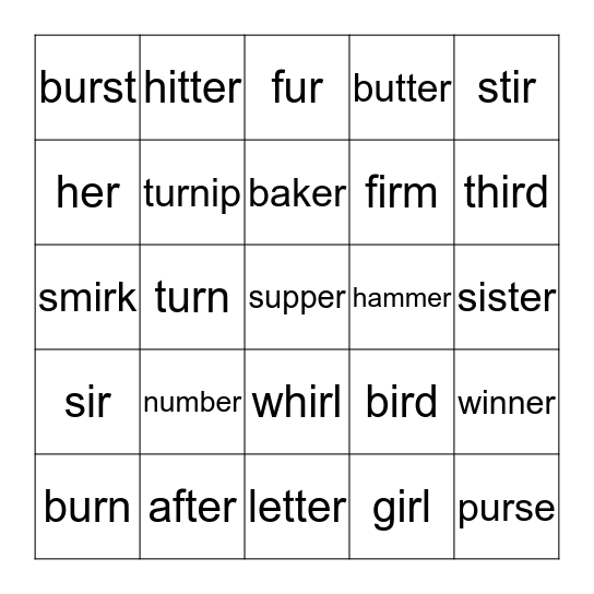 IR ER UR Bingo Card