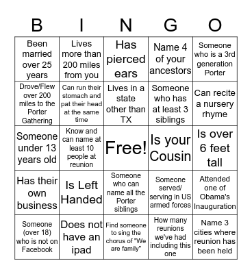 PORTER FAMILY BINGO Card