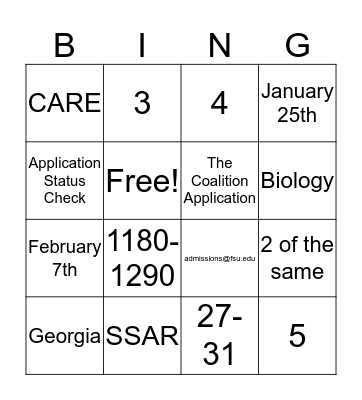 Admissions Bingo! Bingo Card