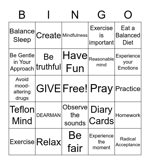 DBT   Bingo  Game Bingo Card