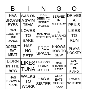 GETTING TO KNOW YOU - First person to yell BINGO WINS!! Bingo Card