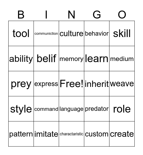 Vocabulary Bingo Card