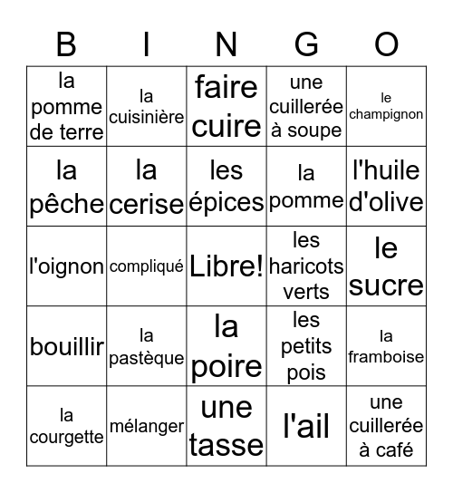 French 2 Bien Dit Chapitre 3 Vocabulaire 1 Bingo Card