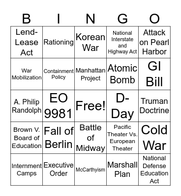 WWII and Cold War Bingo Card