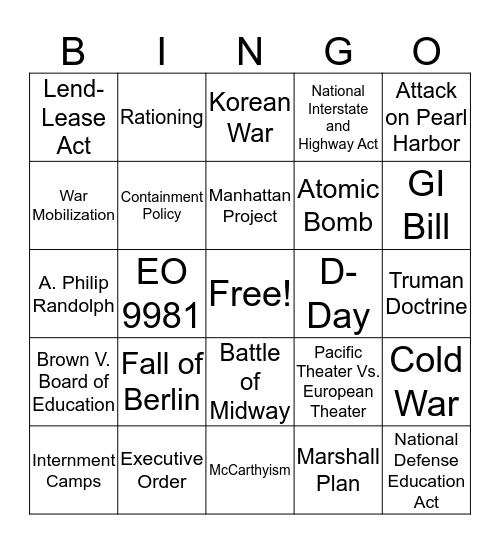WWII and Cold War Bingo Card