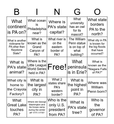 PENNSYLVANIA Bingo Card