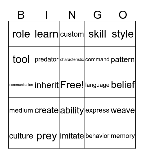 Vocabulary Bingo Card