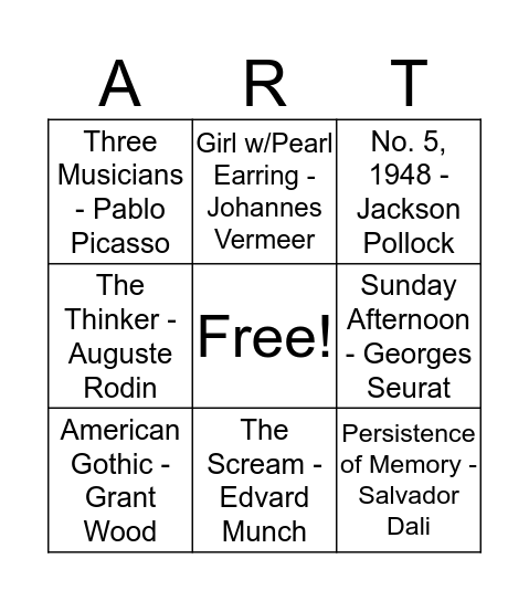 ART Bingo Card