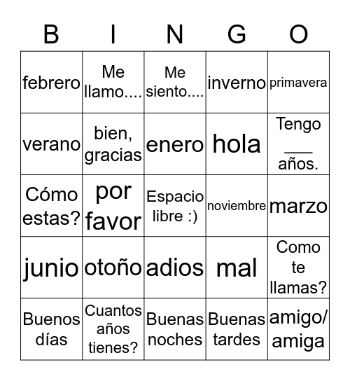 Saludos/Estaciones/Meses Bingo Card