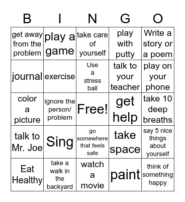 Coping Skills Bingo Card