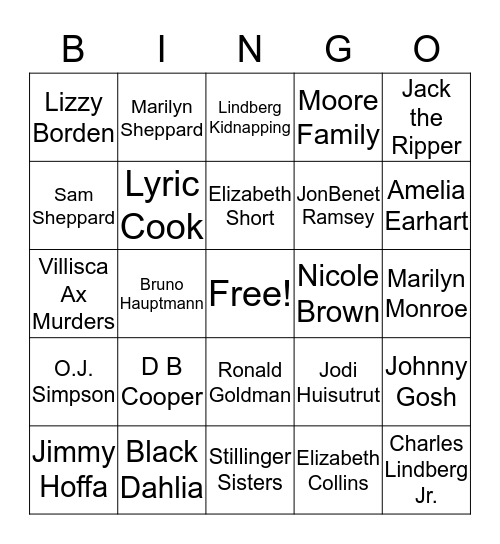 Unsolved Crimes Bingo Card