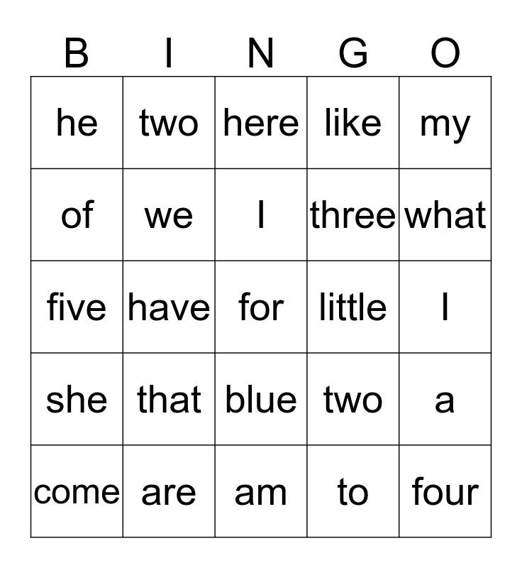 High Frequency Words Bingo Card