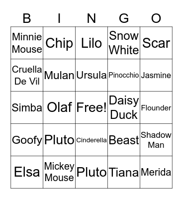 Disney Character Bingo Card