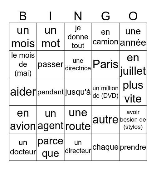 Unité 23 Bingo Card