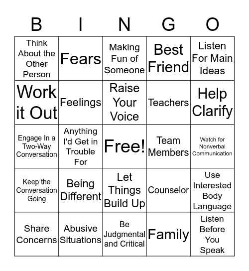 Communication Bingo Card
