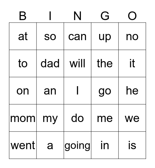 Kindergarten Heartword Bingo Card