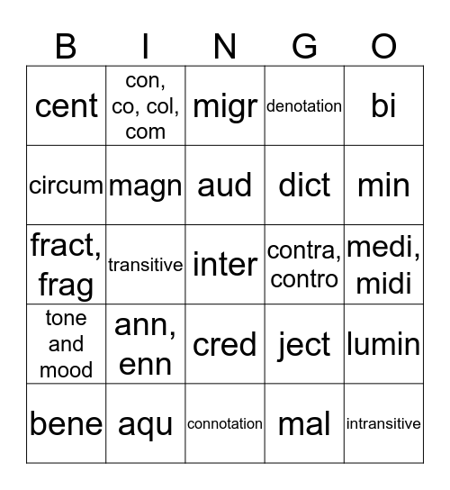 Latin Roots # 1 Bingo Card