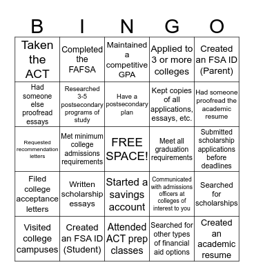 College Checklist Bingo Card