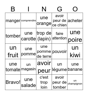 Unité 23 Bingo Card