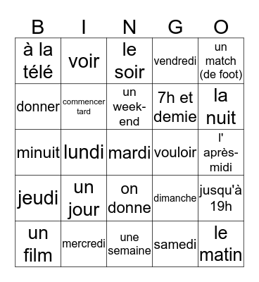 Unité 23 Bingo Card