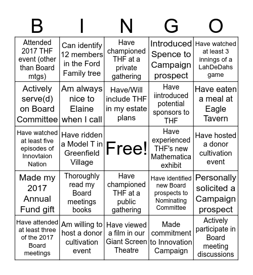 THF Trustee Bingo Card