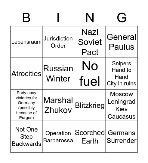 Operation Barbarossa  Bingo Card