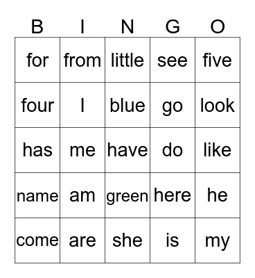 Kindergarten sight words Bingo Card