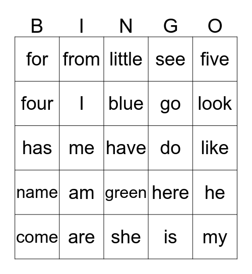 Kindergarten sight words Bingo Card