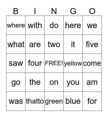 Kindergarten sight words #2 Bingo Card