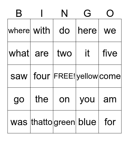 Kindergarten sight words #2 Bingo Card