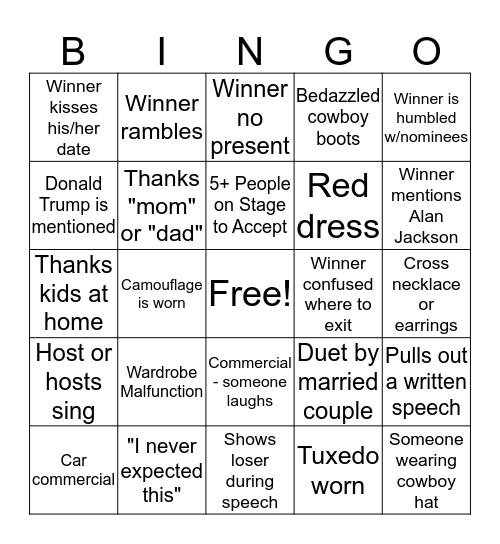 CMA AWARDS Bingo Card