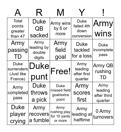 Army Duke Game Bingo Card