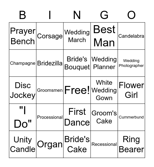 Things Not at the Mendenhall Wedding Bingo Card