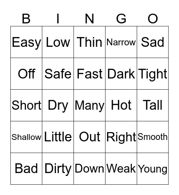 Opposites Bingo Card