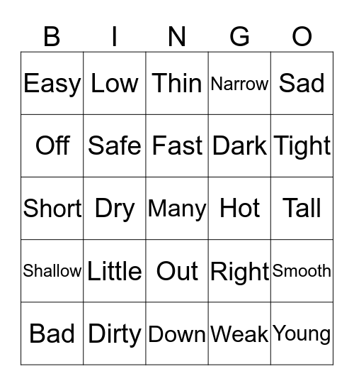 Opposites Bingo Card