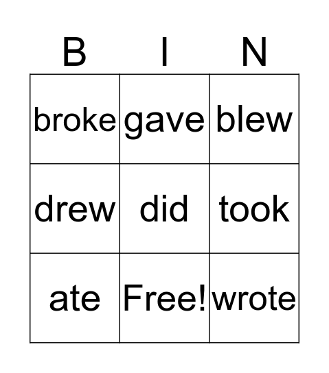 Verbs Bingo Card