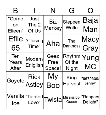 Jimmy Geez Bingo Card