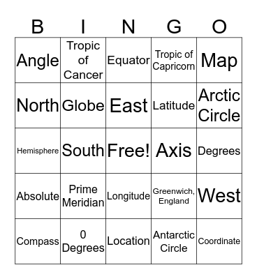 Latitude and Longitude Bingo Card