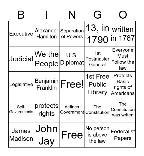 Benjamin Franklin and The U.S. Constitution Bingo Card