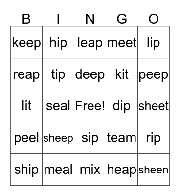 /iy/ and /I/ Bingo Card