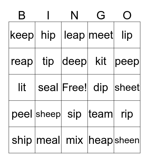 /iy/ and /I/ Bingo Card